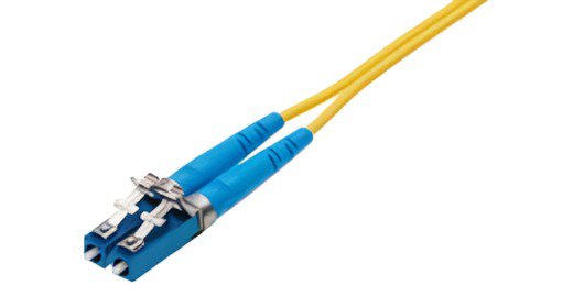 Close-up of a blue LC fiber optic cable connector with a yellow cable