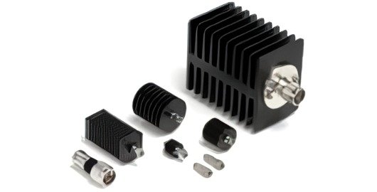 A collection of black heat sink components featuring ribbed designs and metallic connectors