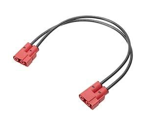 A pair of red electrical connectors attached to black dual cables. The connectors feature a compact design with two visible ports each. The cables are neatly arranged and suitable for electrical or electronic applications.