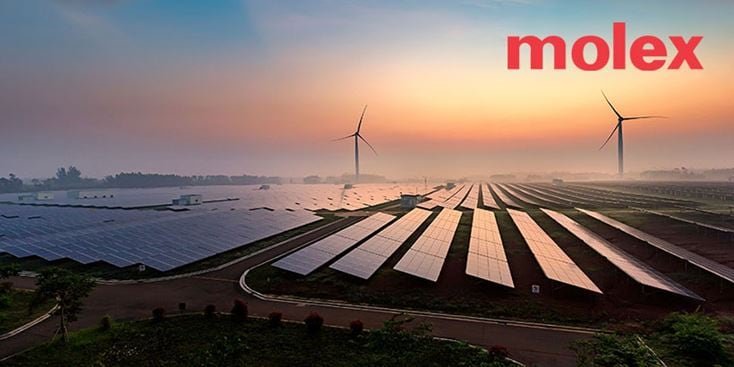 Une vaste ferme solaire comprenant des rangées de panneaux photovoltaïques s'étend à travers le paysage, accompagnée d'éoliennes en arrière-plan. Le décor est illuminé par un lever de soleil vibrant, créant une scène paisible axée sur l'énergie durable. Le texte 'molex' est clairement visible dans le coin supérieur droit.