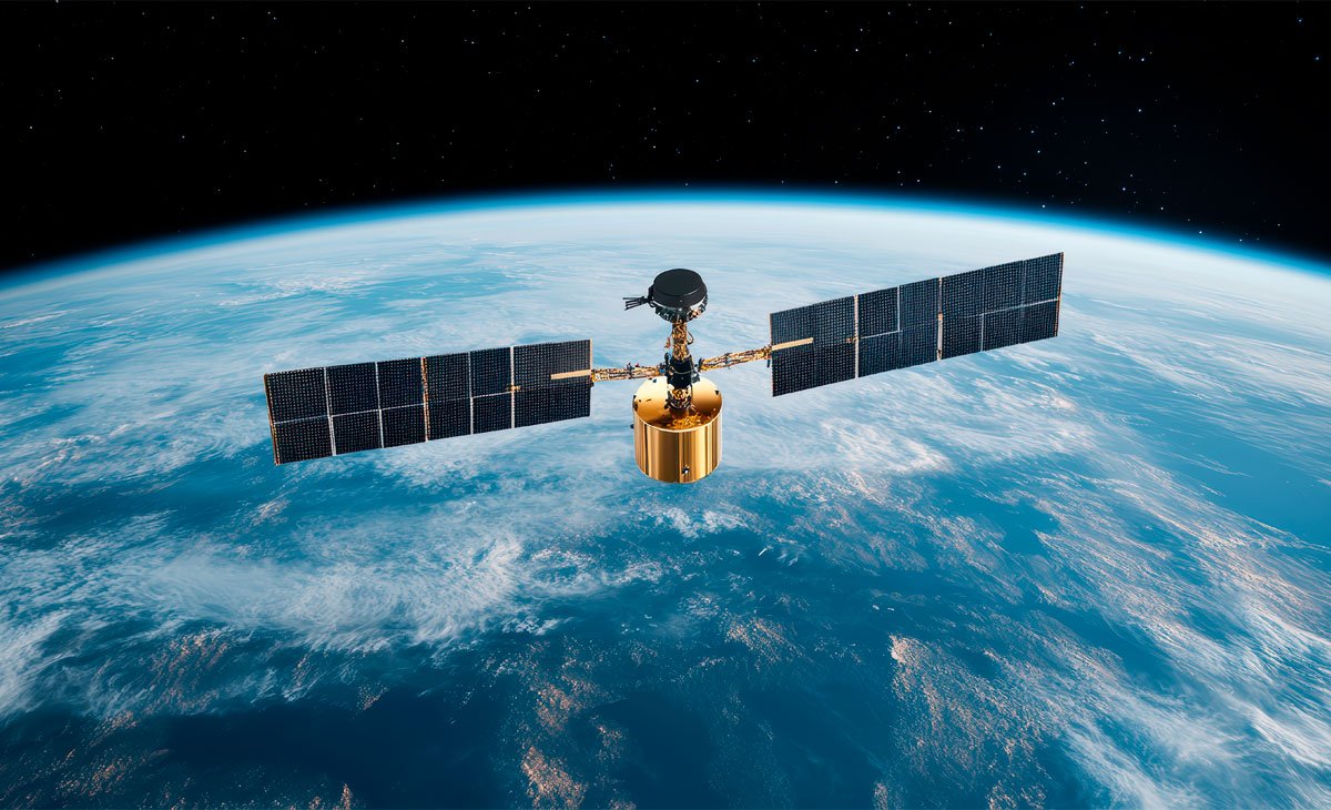 A gold-colored satellite with extended solar panels orbits high above Earth. 