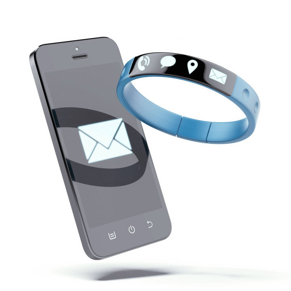 A sleek smartphone and a blue wearable smart band are displayed together. The devices feature app icons, including an envelope symbol for messaging. 