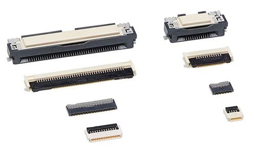 A collection of electronic connectors displayed against a white background. The connectors vary in size and design, featuring intricate pin arrangements and plastic housings. The image highlights the precision and diversity of connector types used in electronic devices.