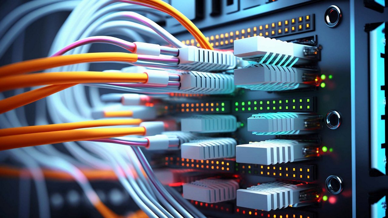 Close-up of network cables plugged into a server rack with illuminated ports.