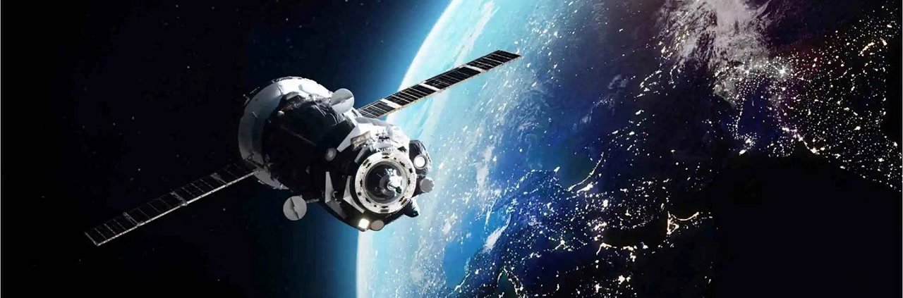 A detailed view of a satellite in orbit around Earth, showcasing its solar panels and structural design. 