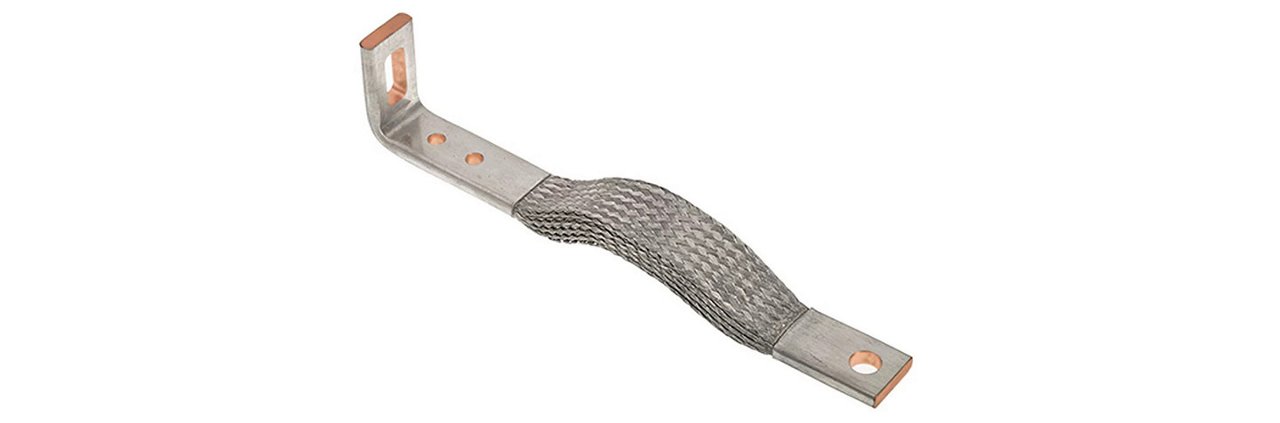 A flexible braided metal strip designed for electrical connections. 