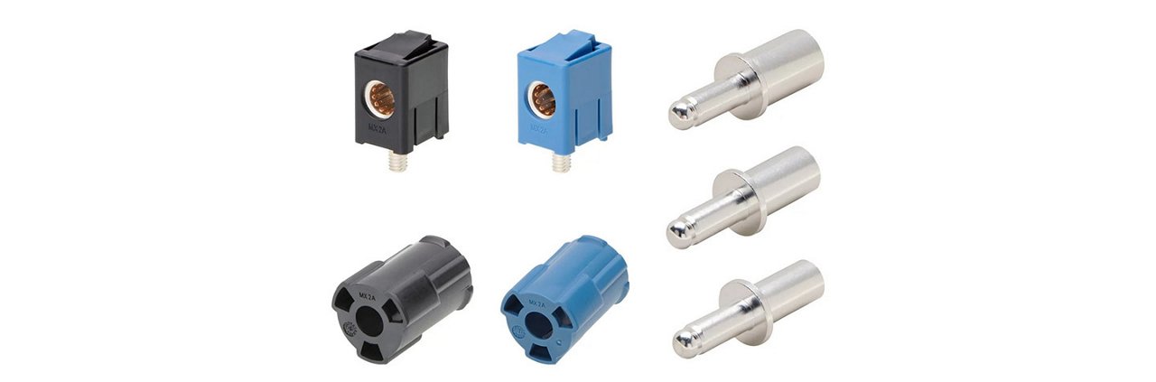 A set of electrical connectors featuring black, blue, and silver components. 