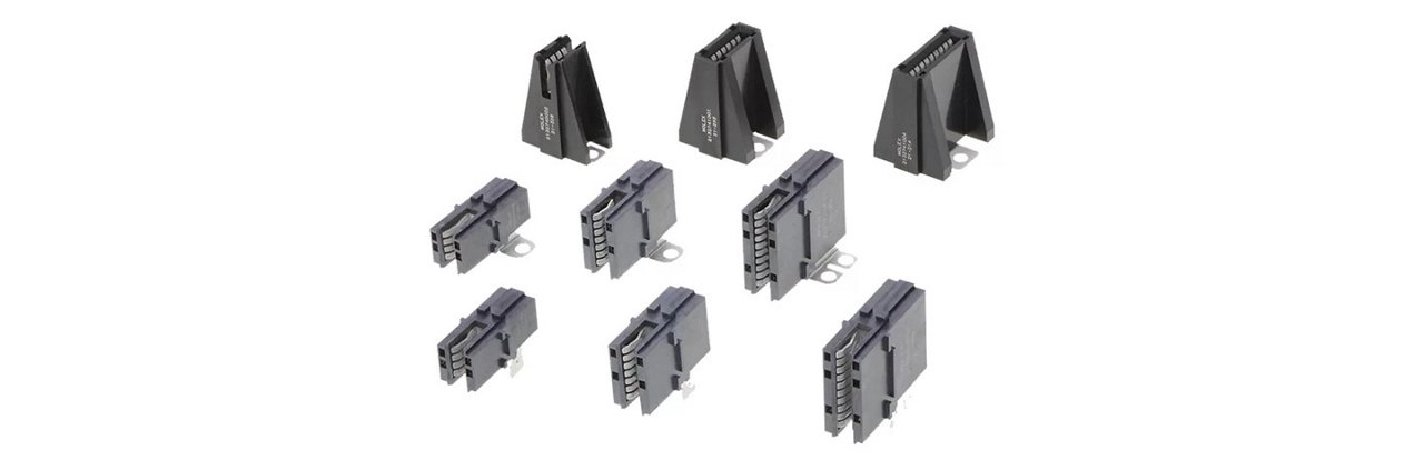 A collection of electrical connectors and mounting brackets displayed on a white background. 