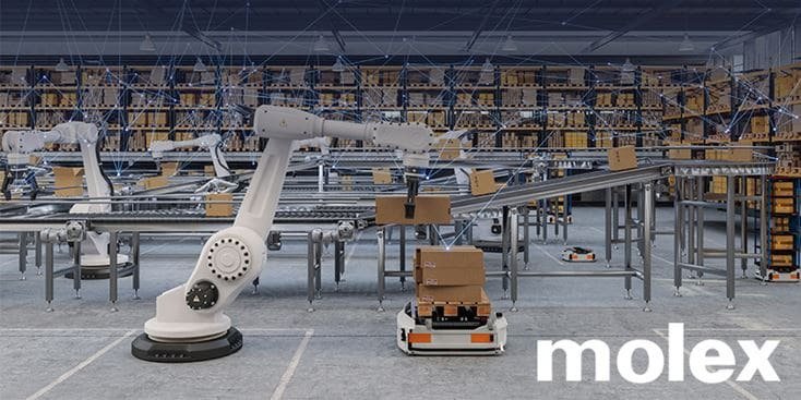 A modern warehouse with robotic arms and automated conveyor systems handling packages