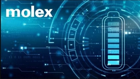 Molex 技术图形，包含电池图标和数字电路元素。