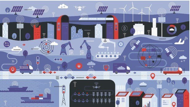 A vibrant illustration showcasing a smart city ecosystem with interconnected technologies. 