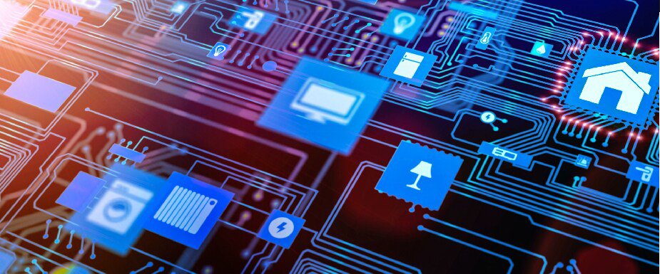Illustration of a smart home network with blue digital icons for devices like lights, appliances, and security connected by circuit-like lines.