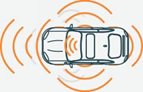 Top view illustration of a car surrounded by orange radar waves representing advanced driver assistance and sensor technology.