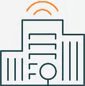 Minimalist line illustration of a smart city building with an orange wireless signal icon above it, representing connectivity and IoT.