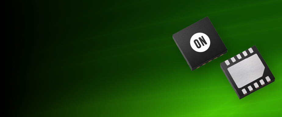 Two small black semiconductor components with ON logo displayed on a green gradient background.