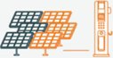 Illustration of solar panels and an electric vehicle charging station in orange and black, representing renewable energy and EV infrastructure.