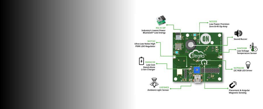 Diagram of a Strata development board with labeled components including sensors, LED driver, op-amp, and Li-ion charger.