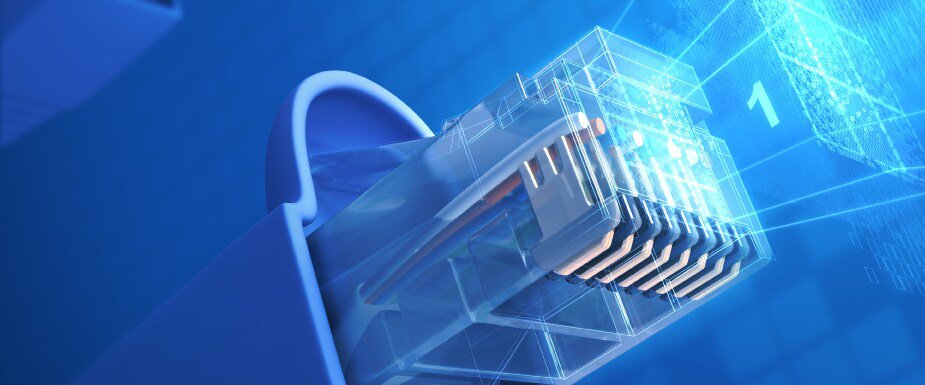 Close-up of an Ethernet cable connector with a digital overlay representing data transmission on a blue background.