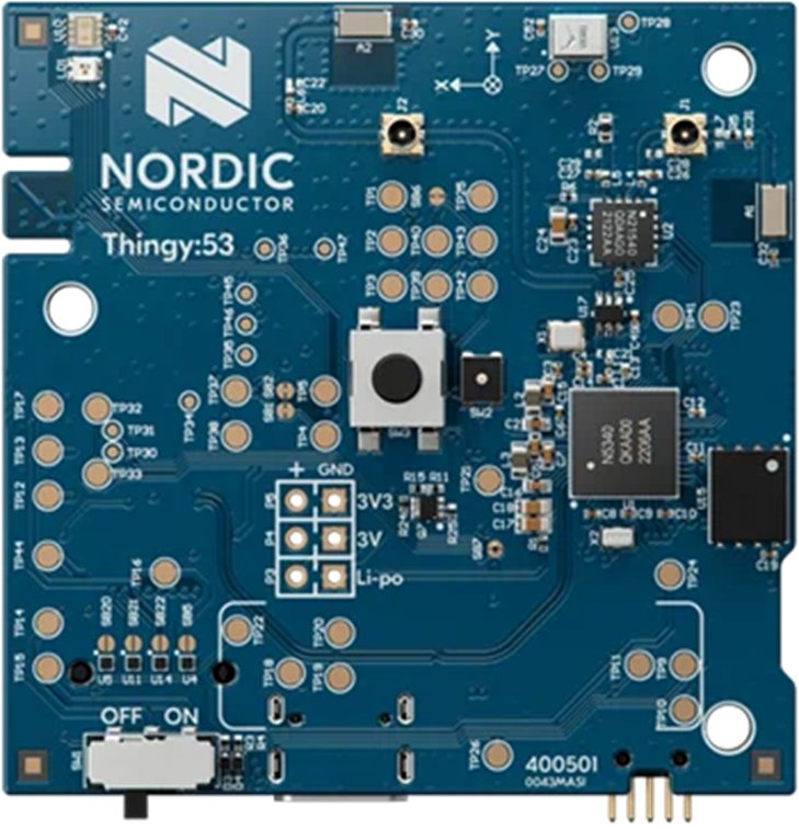 Close-up view of the Nordic Semiconductor Thingy:53 development board