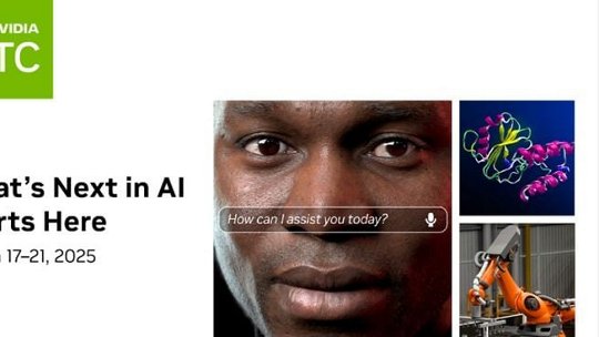 Graphique promotionnel pour NVIDIA GTC, mettant en avant les avancées en IA. L'événement est prévu du 17 au 21 mars 2025. Les visuels incluent des structures moléculaires et des machines robotiques, soulignant l'innovation et la technologie. Le logo NVIDIA est clairement visible.