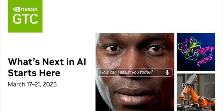 Graphique promotionnel pour NVIDIA GTC, mettant en avant les avancées en matière d'IA. L'événement est prévu du 17 au 21 mars 2025. Les visuels incluent des structures moléculaires et des machines robotiques, mettant en valeur l'innovation et la technologie. Le logo NVIDIA est clairement visible.