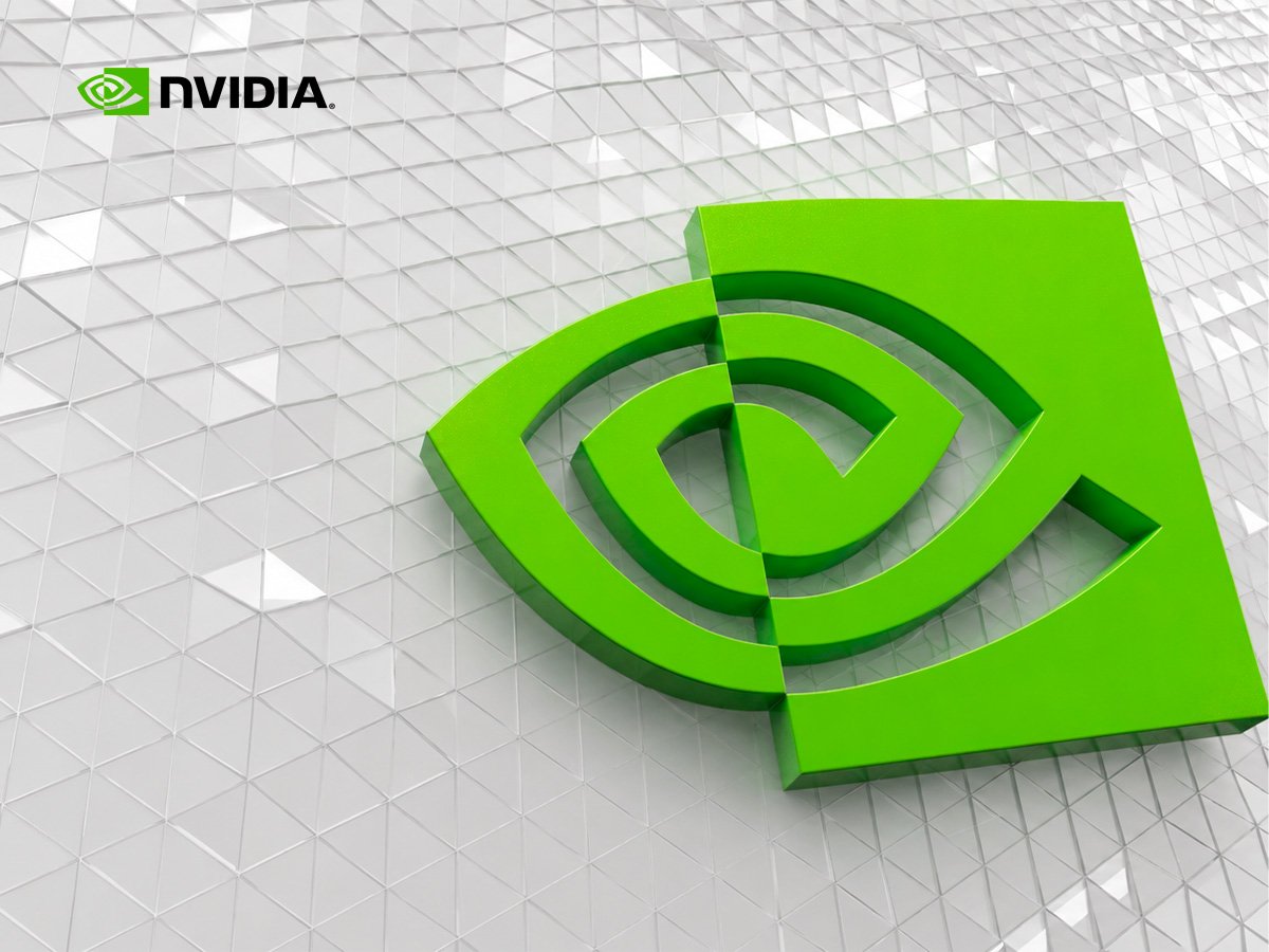 A large green NVIDIA emblem is displayed prominently on a light gray, geometric tiled surface. 