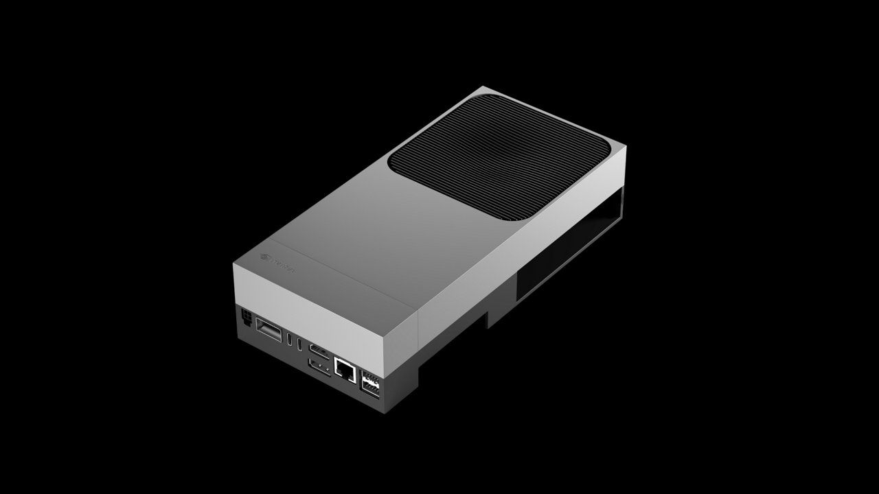 A sleek, rectangular electronic device is shown against a solid black background