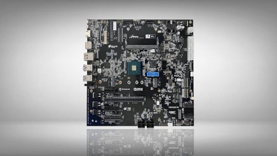 A detailed view of a computer motherboard showcasing various ports, circuits, and chips. 