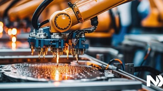 산업용 로봇 팔이 회로 기판 조립 라인에서 작업 중인 모습이 표시됩니다.