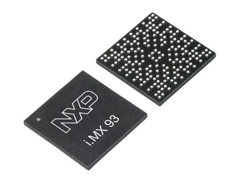 Close-up image of two NXP i.MX 93 microchips, one showing the top with clear product labeling and the other displaying the underside with a ball grid array.