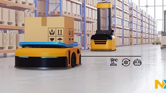 The image showcases autonomous robots transporting packages in a modern warehouse setting