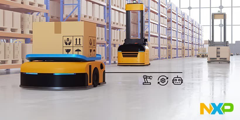 The image showcases autonomous robots transporting packages in a modern warehouse setting