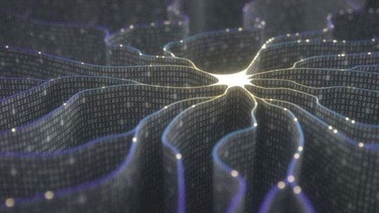 A conceptual representation of a neural network featuring interconnected digital nodes