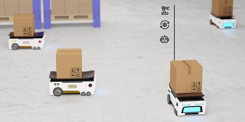 Small robotic vehicles are shown carrying cardboard boxes in a warehouse setting