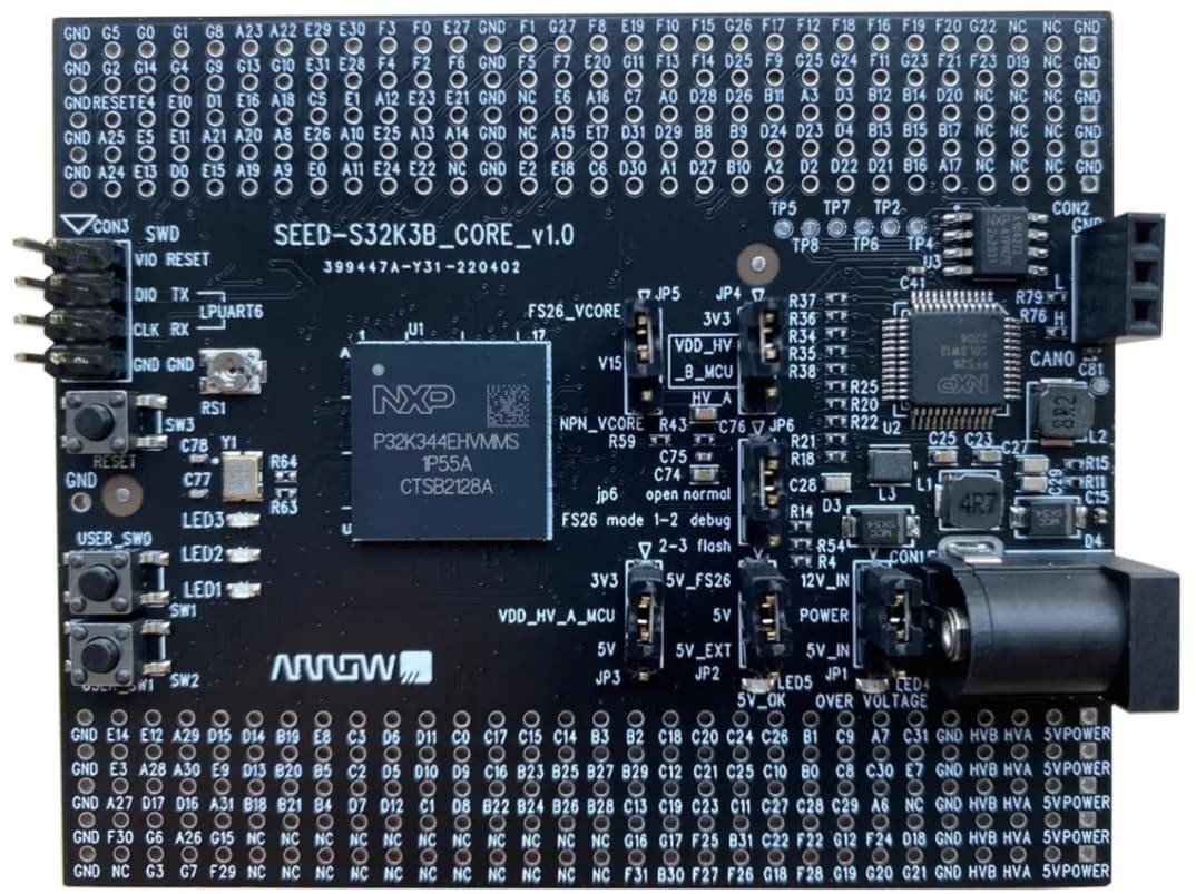 Close-up view of the SEED-S32K3B Core v1.0 circuit board featuring NXP microcontroller. 
