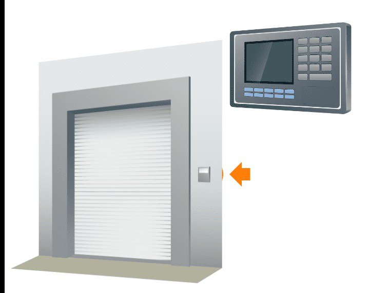 Illustrazione di una porta garage automatizzata moderna abbinata a un pannello di controllo digitale.