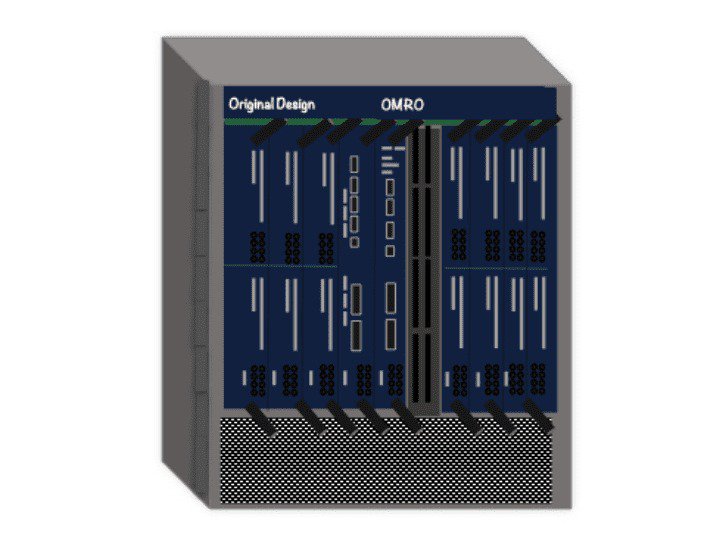 Una unità server industriale blu e grigia con il testo 'Original Design' e 'OMRO' sulla sua superficie.