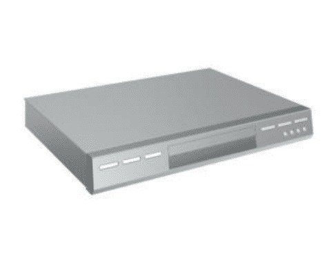 Un elegante lettore DVD argentato caratterizzato da un design rettangolare con un vassoio a caricamento frontale per i dischi.