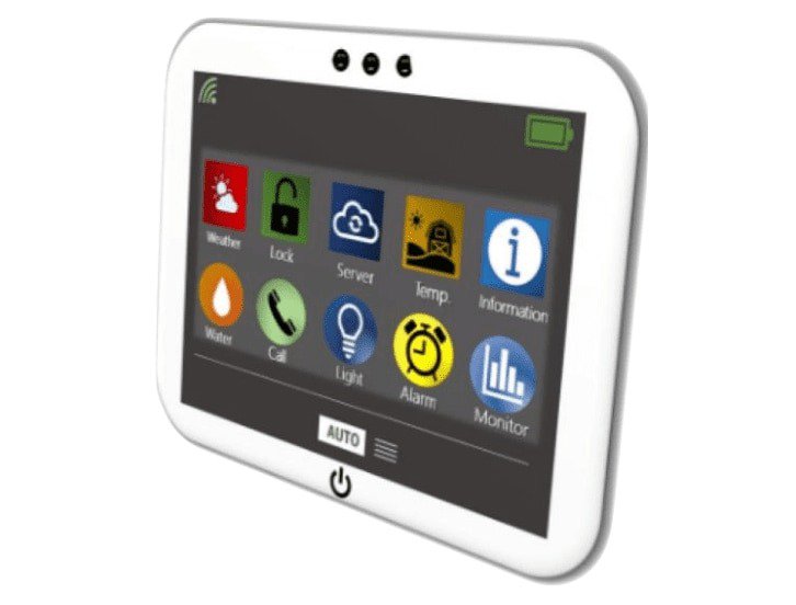 Un elegante pannello di controllo per la casa intelligente con interfaccia touchscreen e icone colorate per varie funzioni come meteo, serratura, server, temperatura e altro.