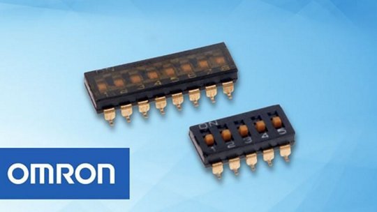 Interruptores electrónicos de OMRON, incluyendo de múltiples posiciones y de una sola posición, con contactos de oro y posiciones numeradas.