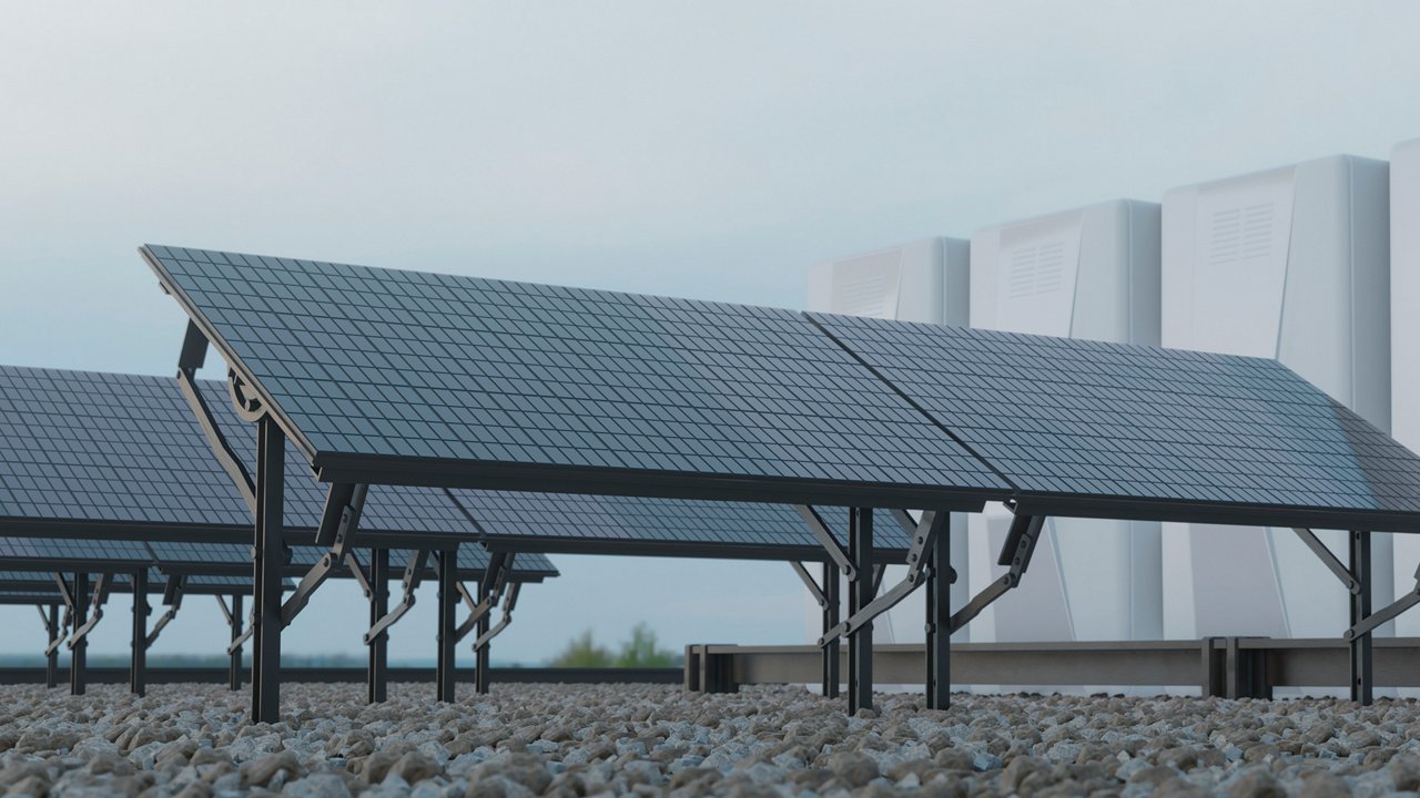 Eine Reihe von Solarmodulen ist auf einem flachen, mit kleinen Steinen bedeckten Dach installiert.