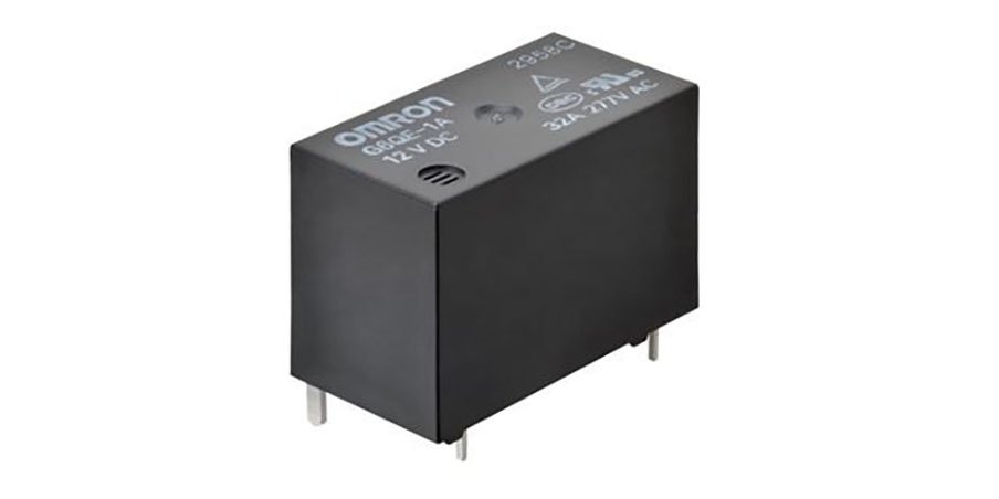 Gray Omron G6QE relay with 12V DC input and 32A 217N AC output.