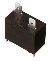 A compact black electrical relay featuring two metal terminals on the top and four pins at the base. The relay has visible text and markings on its surface, including numeric identifiers. Ideal for electronic or industrial applications requiring precise electrical control.