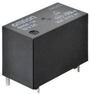 Close-up of an Omron G6QE-1A relay with visible text indicating 12V DC operation. The black rectangular component features metallic pins for circuit integration. Compact design suitable for electronic applications.