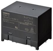 A black Omron relay component featuring detailed technical specifications printed on its surface. The image highlights electrical diagrams, certification symbols, and numeric values such as '12 VDC'. The compact design suggests industrial or electronic applications.