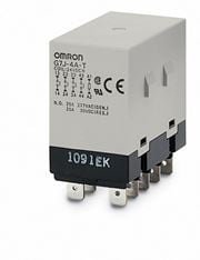 A compact Omron relay featuring visible technical specifications printed on its surface. The device is shown in a neutral studio setting with a clean white background. Key visuals include metallic connectors and the text '1091EK' prominently displayed. Ideal for industrial or electronic applications.