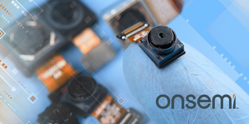 A detailed view of a small camera sensor module held by a gloved hand, showcasing intricate electronic components