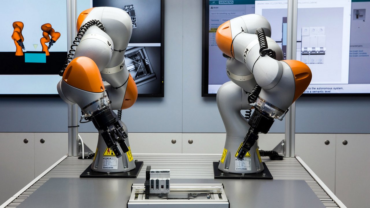 Two advanced robotic arms are positioned on a workstation in a controlled industrial setting. 