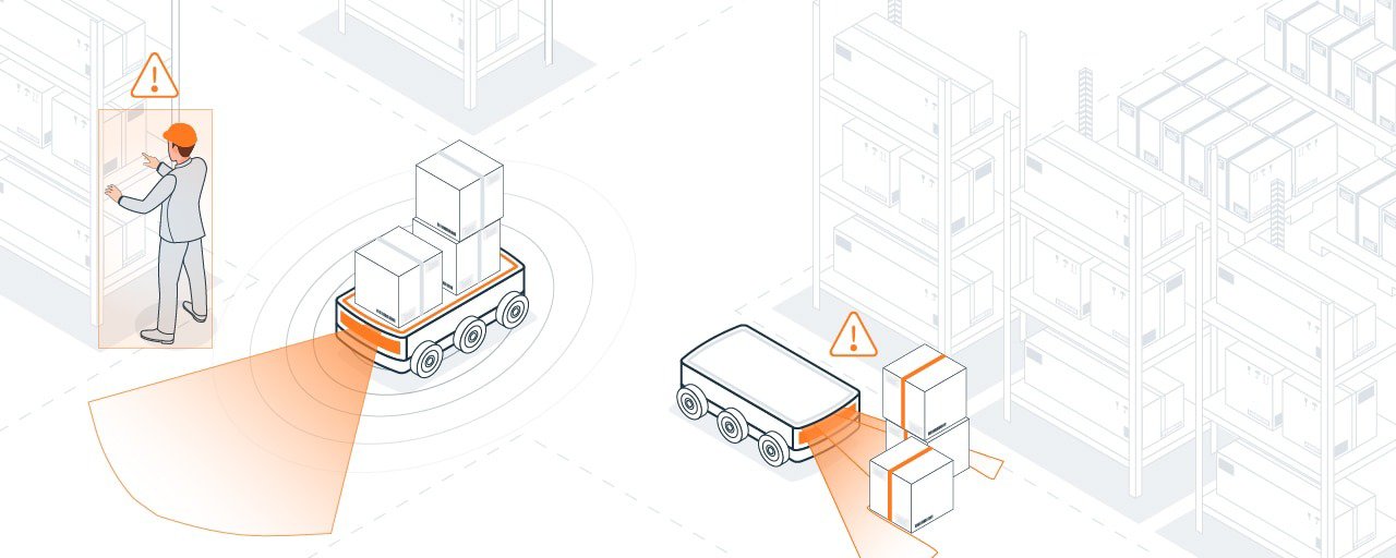 Illustration of automated robots transporting boxes in a warehouse setting