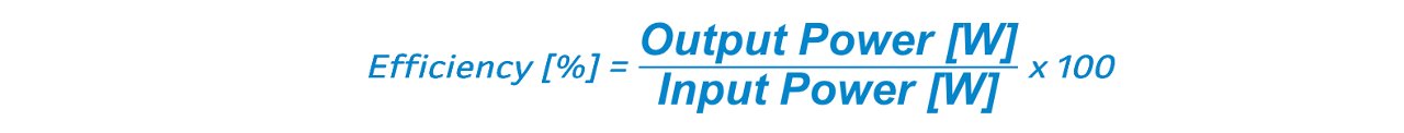 A mathematical formula for calculating efficiency as a percentage. The formula shows efficiency equals output power divided by input power, both measured in watts, multiplied by 100.